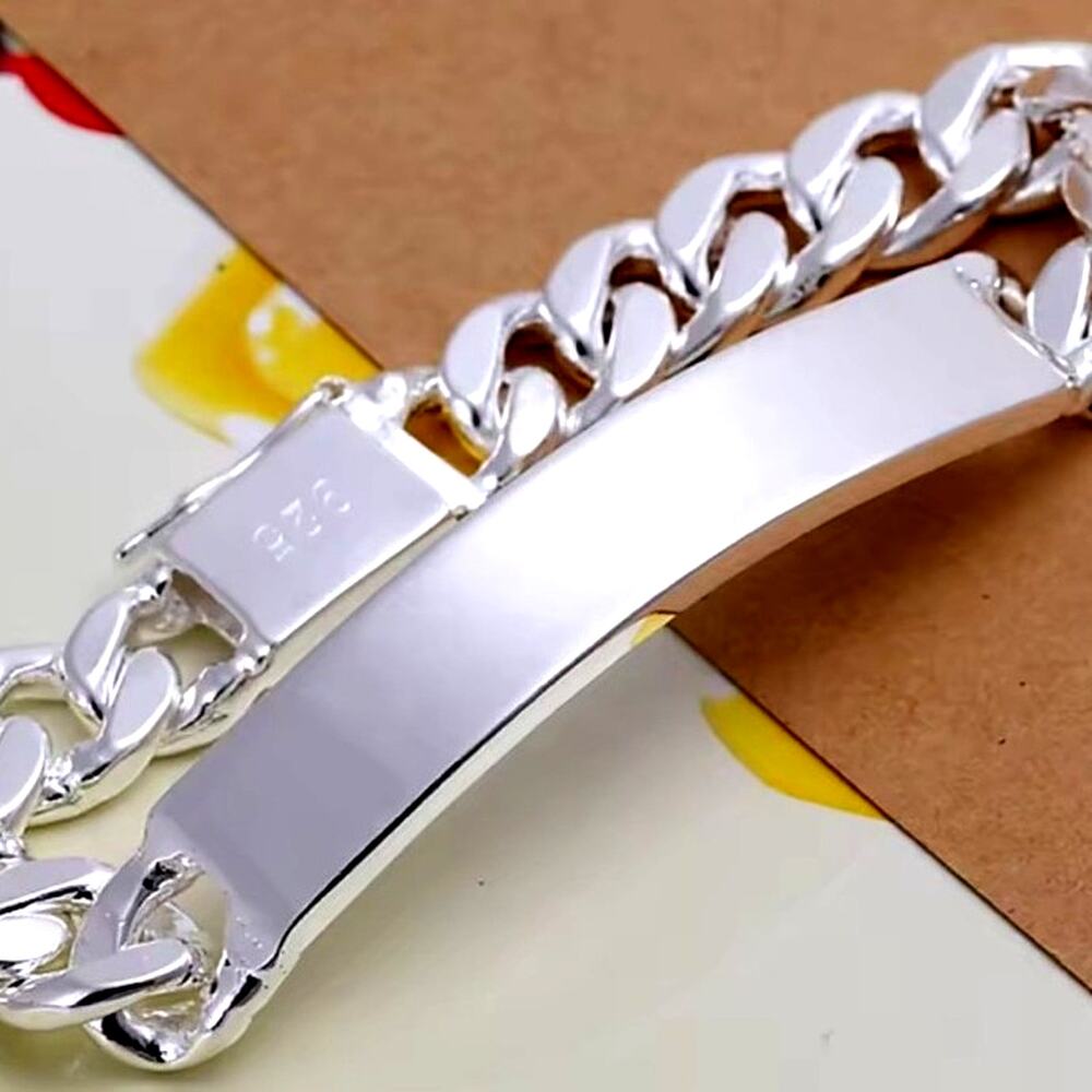925 Silver Plated Engravable Curb Chain ID Bracelet Minimalist Miami Cuban